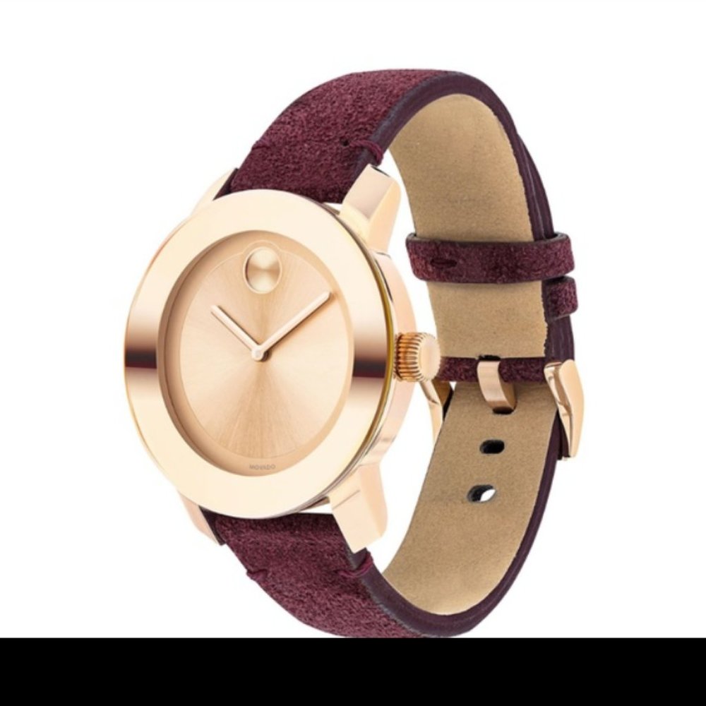 Rose Gold Movado Watch: Bold Iconic Suede Strap Watch, 36mm In Burgundy - Picture 2 of 8